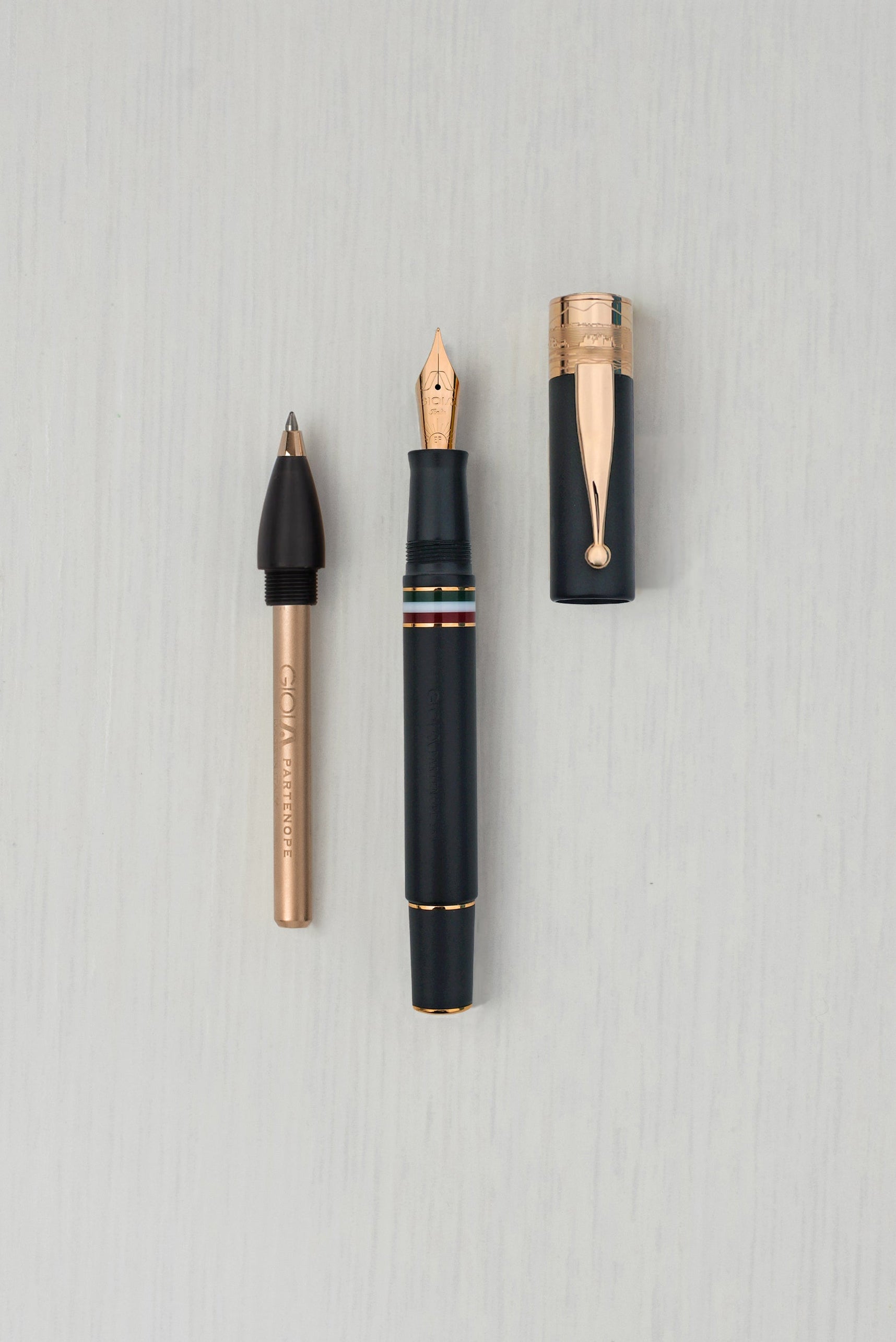 GIOIA Partenope Sand Black Fountain Pen and Rollerball – Rose Gold Trim