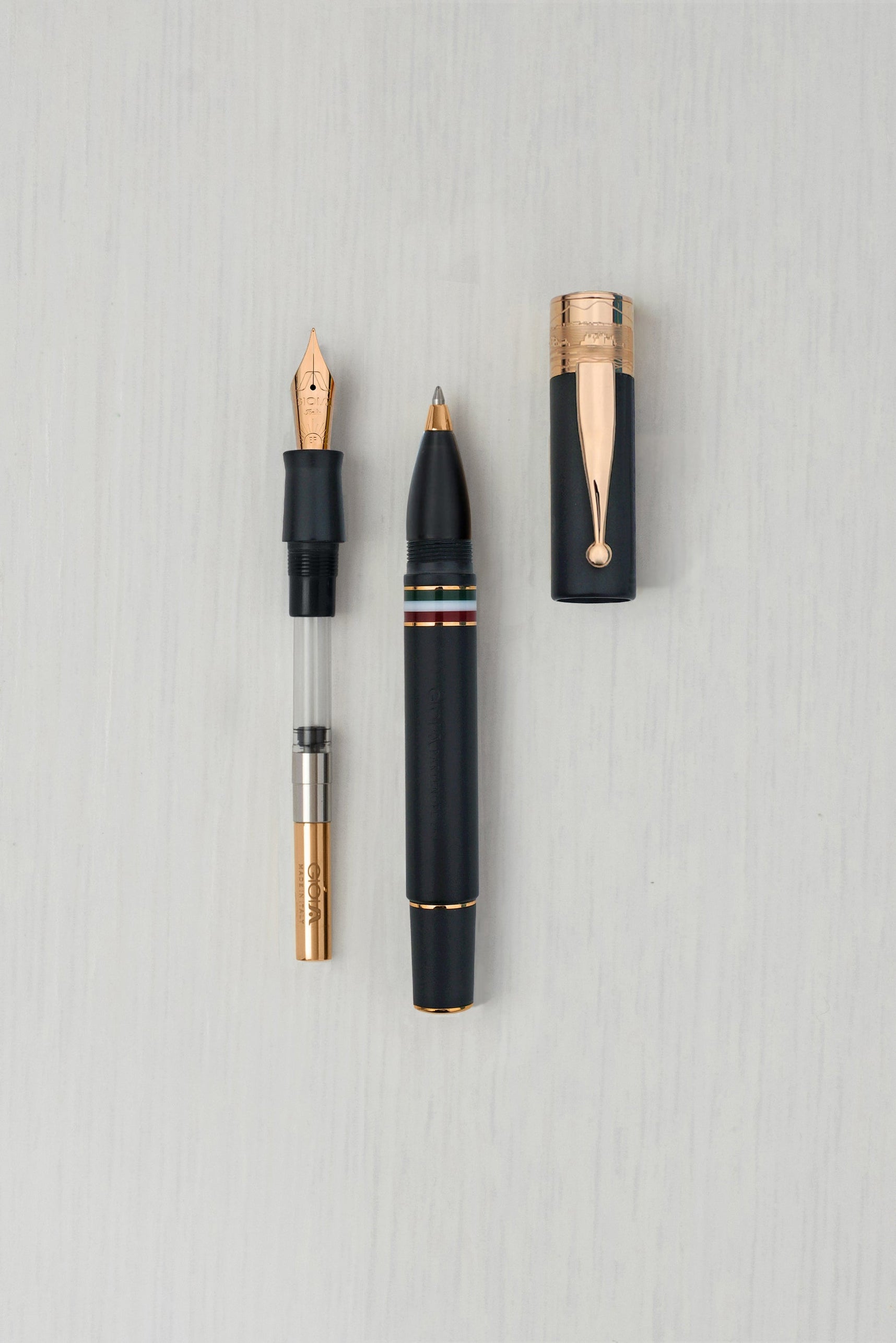 GIOIA Partenope Sand Black Fountain Pen and Rollerball – Rose Gold Trim