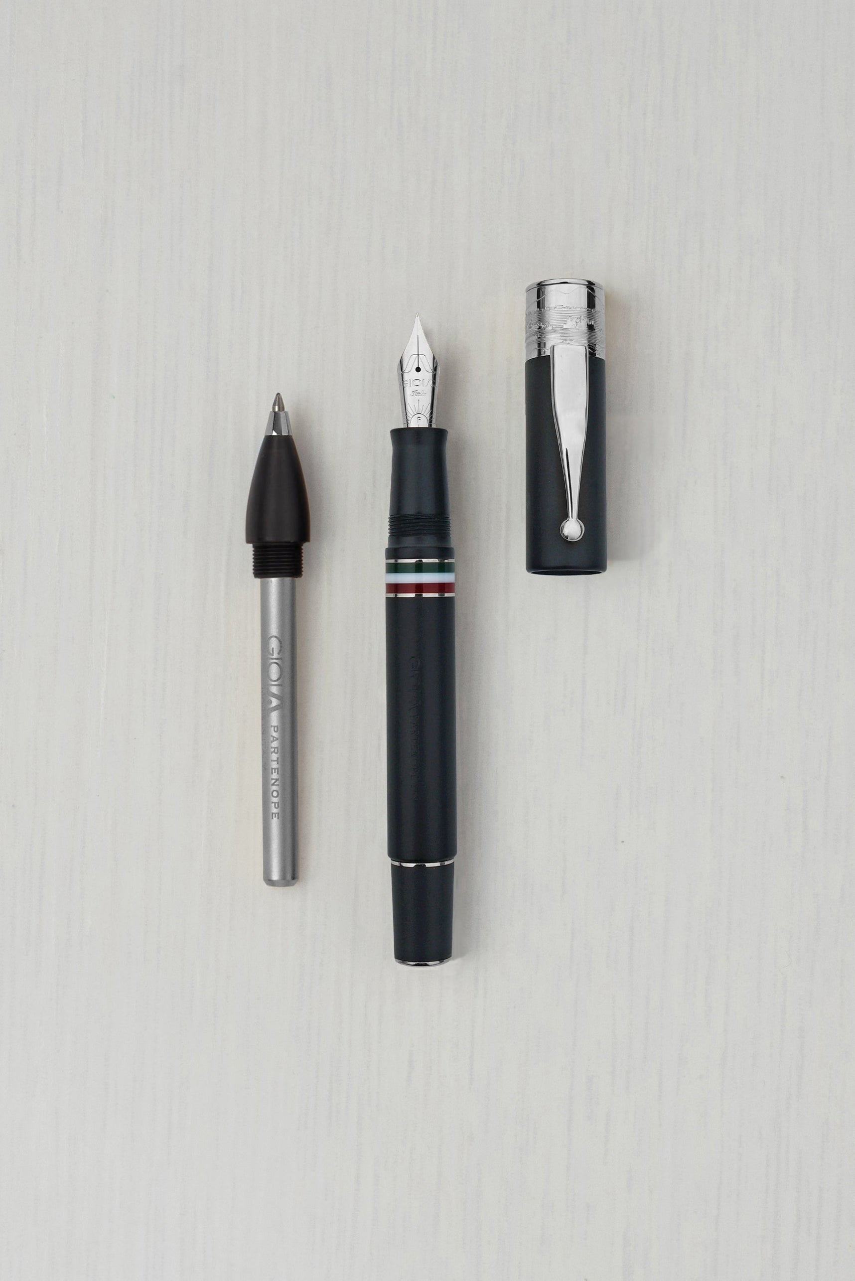Gioia | Fountain Pen & Rollerball Pen | Partenope | Black Sand | Silver Trims