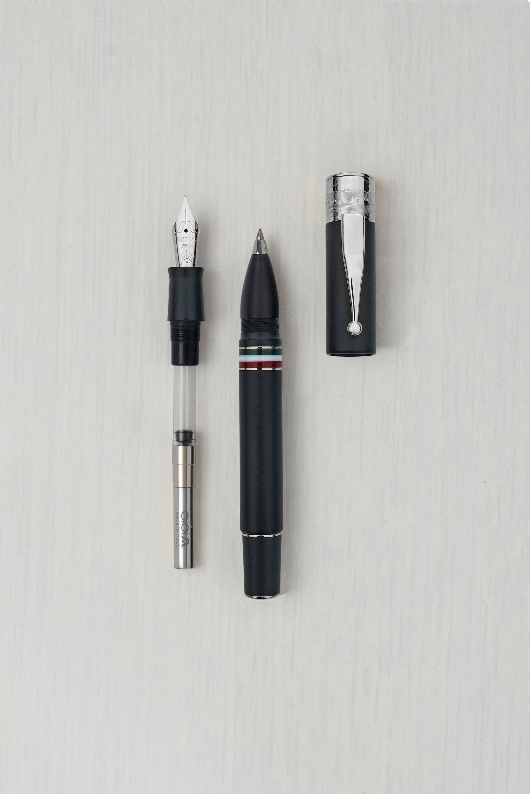 Gioia | Fountain Pen & Rollerball Pen | Partenope | Black Sand | Silver Trims