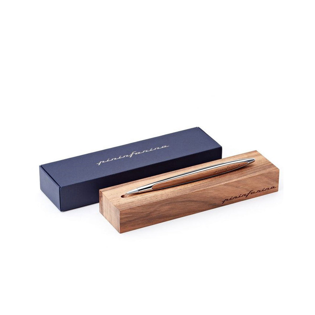 Pininfarina Cambiano Classic Ballpoint Pen with Solid Wood Desk Stand – Polished Chrome