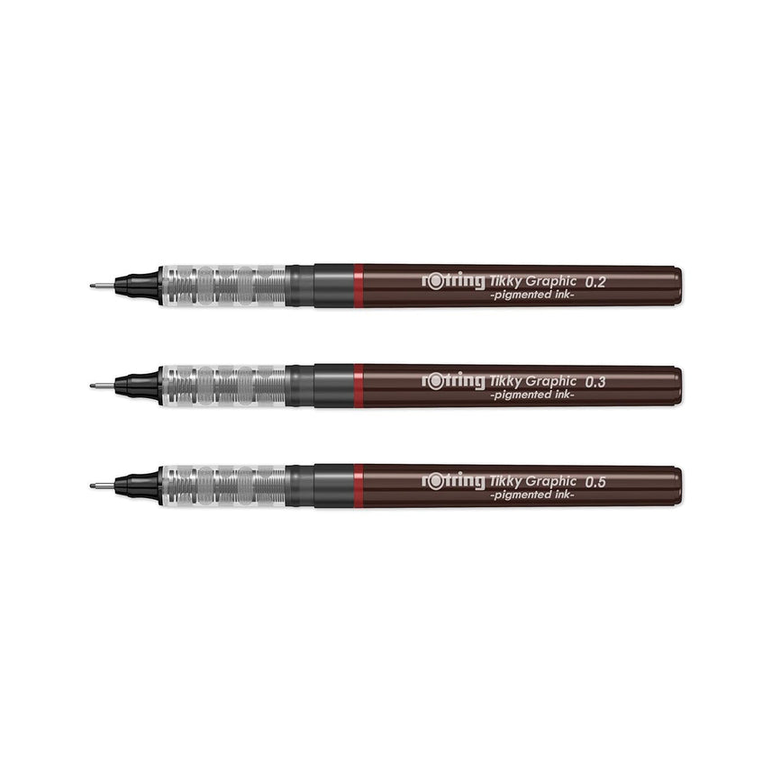 Rotring | Tikky | Graphic Fineliner | Black Pigment Lightfast | 0.2mm 0.3mm 0.5mm | 3 Pen Set