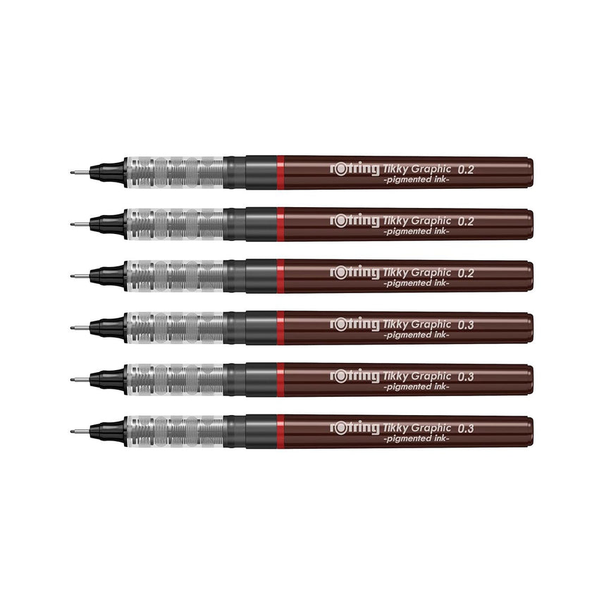 Rotring | Tikky | Graphic Fineliner | Black Pigment Lightfast | 0.2mm 0.3mm | 6 Pen Set | 3 Each