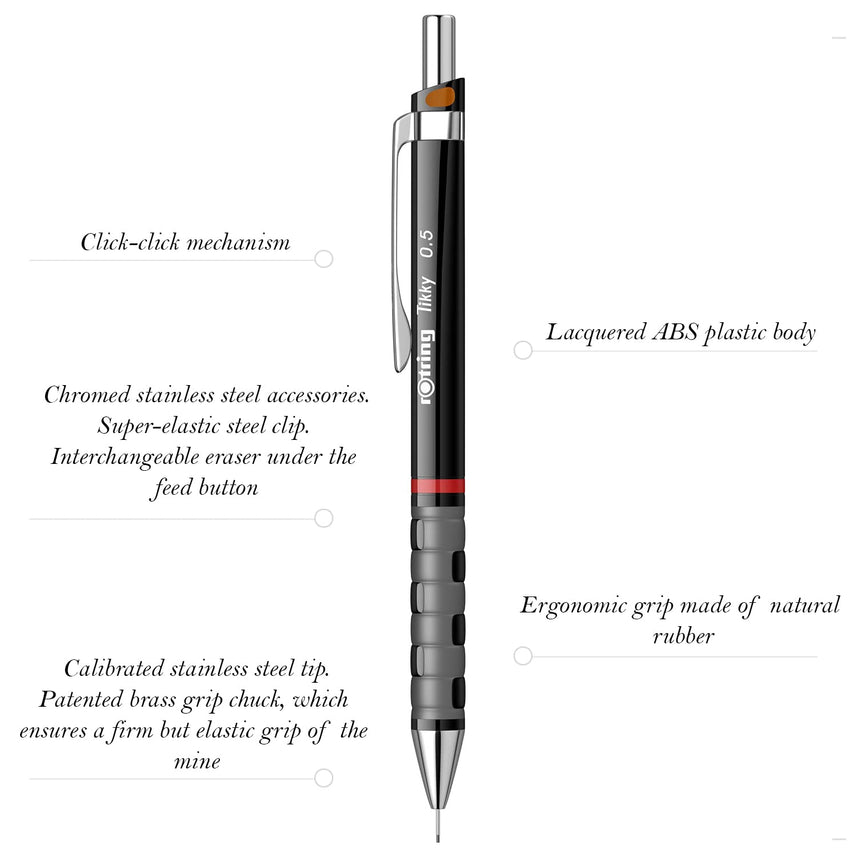  Black Rotring Tikky 0.5mm Mechanical Pencil with featured details on a white background