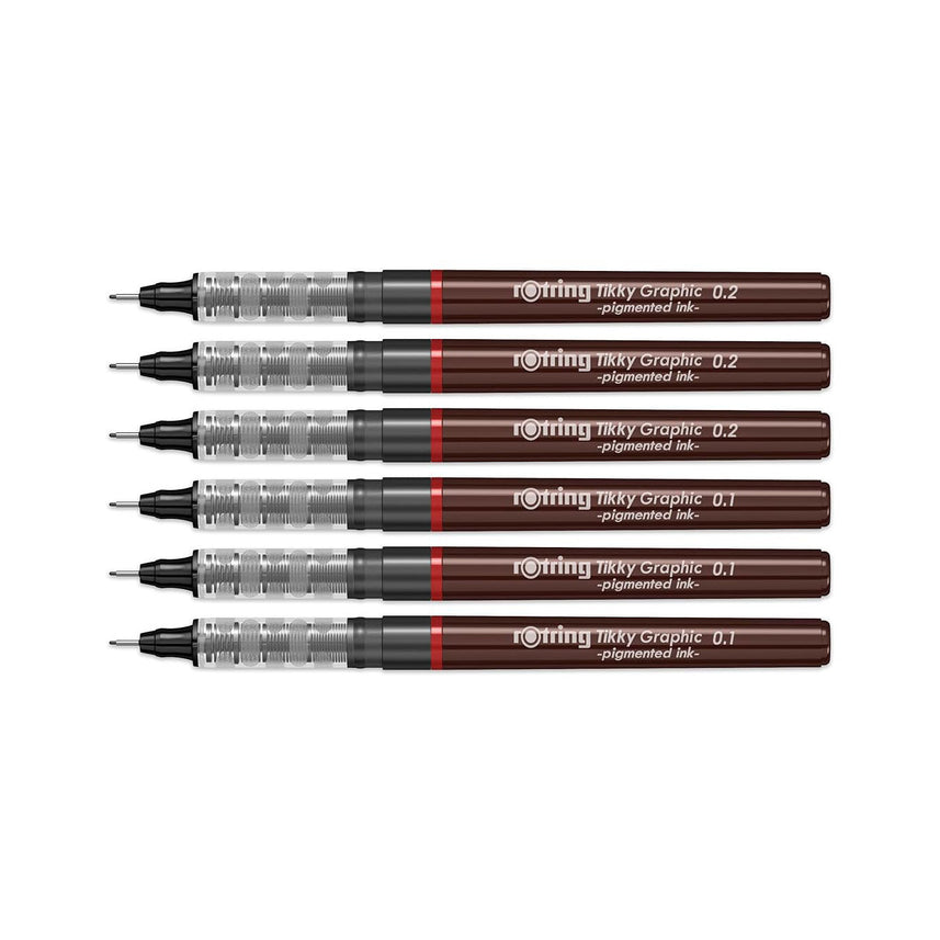 Rotring | Tikky | Graphic Fineliner | Black Pigment Lightfast | 0.1, 0.2 | 6 Pen Set | 3 Each