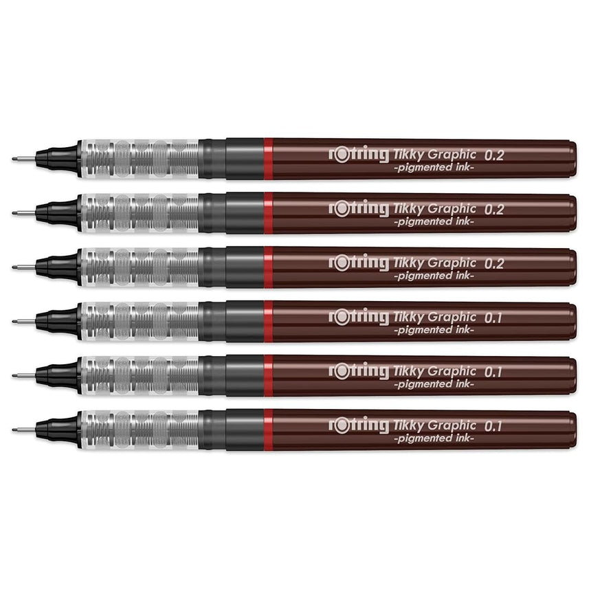 Rotring | Tikky | Graphic Fineliner | Black Pigment Lightfast | 0.1, 0.2 | 6 Pen Set | 3 Each