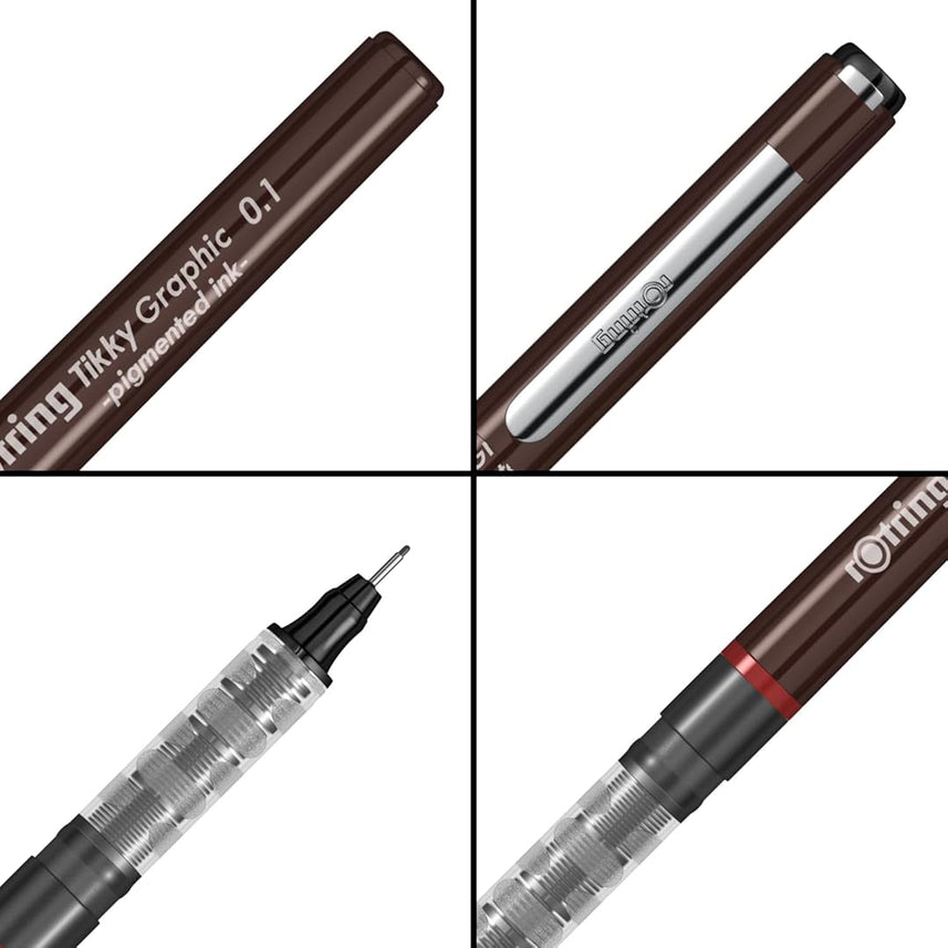 A set of three Rotring Tikky Graphic Fineliners with black pigment ink. The pens are shown with different angles