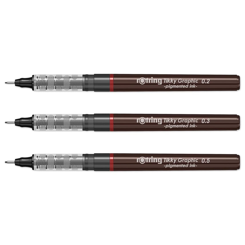 Rotring | Tikky | Graphic Fineliner | Black Pigment Lightfast | 0.2mm 0.3mm 0.5mm | 3 Pen Set