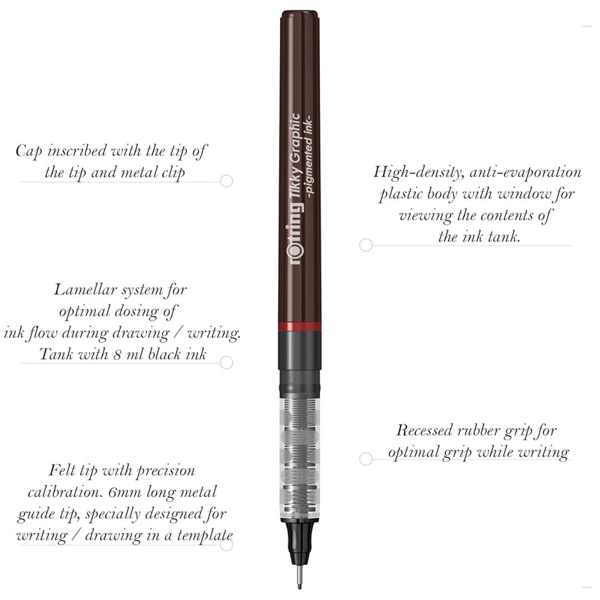 Rotring | Tikky | Graphic Fineliner | Black Pigment Lightfast | 0.2mm 0.3mm | 6 Pen Set | 3 Each