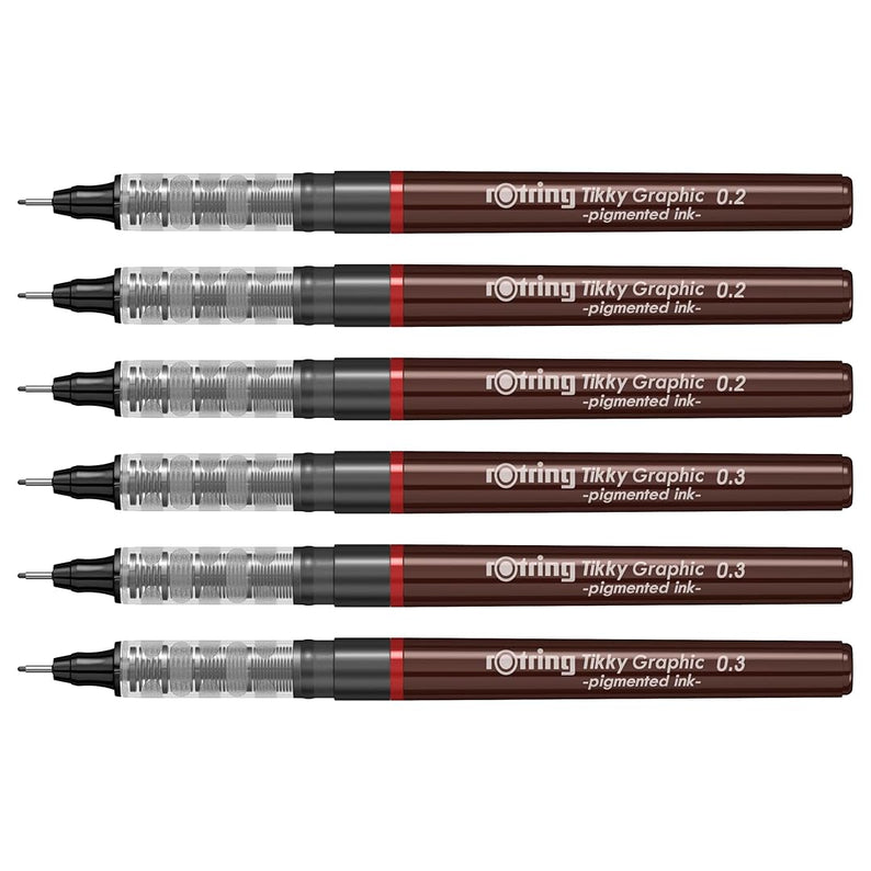 Rotring | Tikky | Graphic Fineliner | Black Pigment Lightfast | 0.2mm 0.3mm | 6 Pen Set | 3 Each