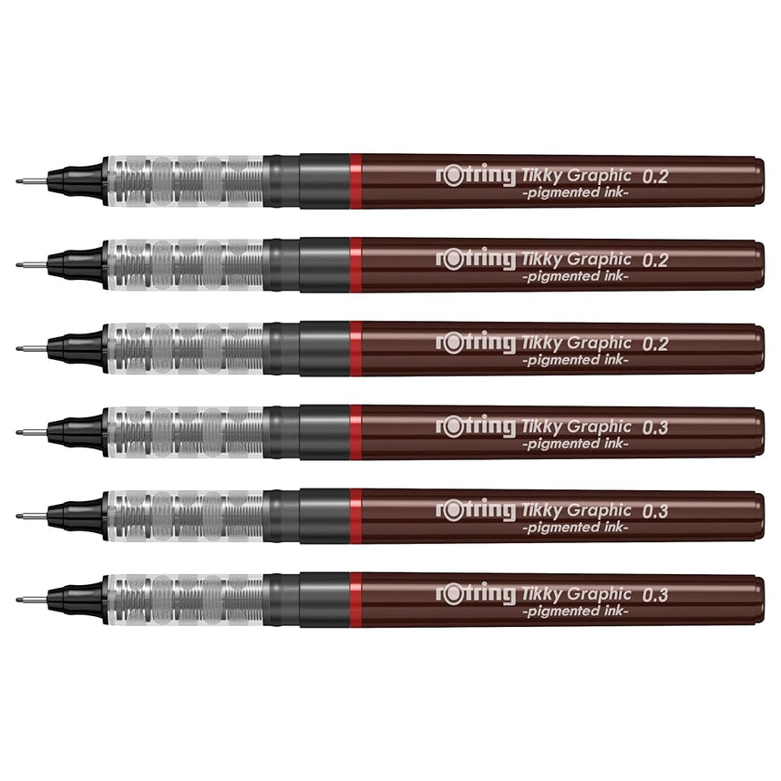 Rotring | Tikky | Graphic Fineliner | Black Pigment Lightfast | 0.2mm 0.3mm | 6 Pen Set | 3 Each