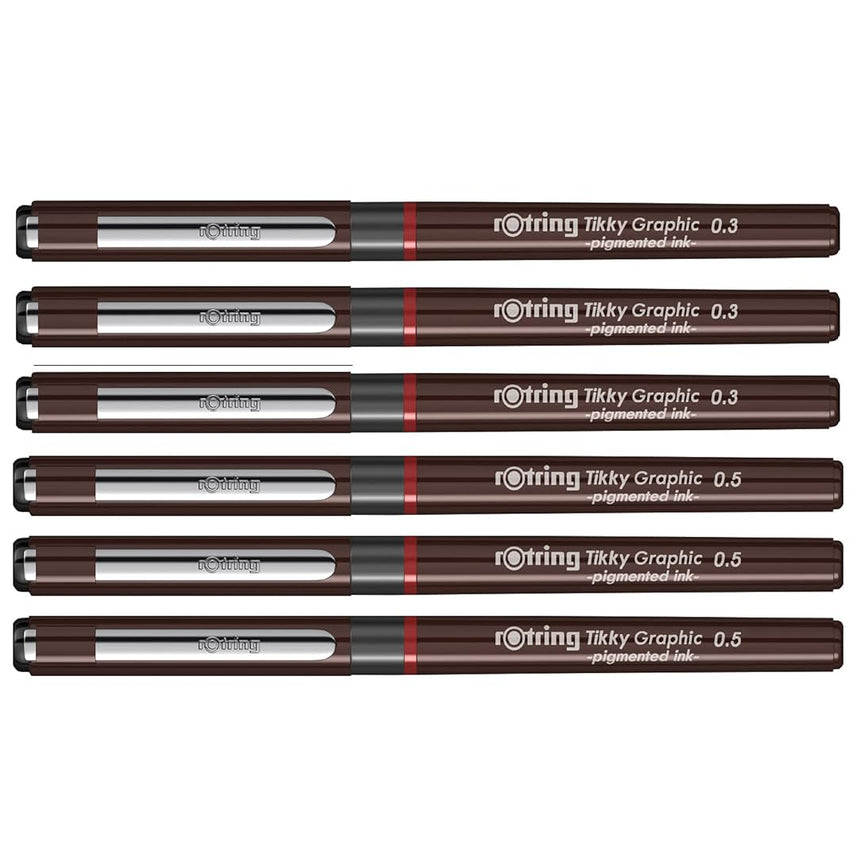 Rotring | Tikky | Graphic Fineliner | Black Pigment Lightfast | 0.3mm, 0.5mm | 6 Pen Set | 3 Each