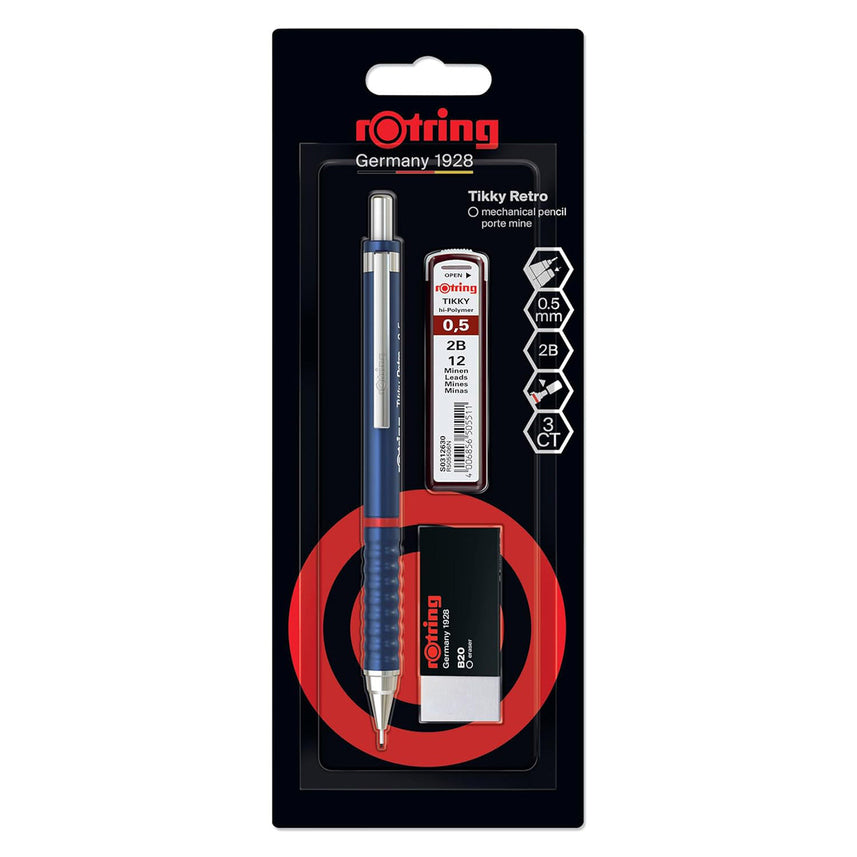 Rotring Tikky Retro Mechanical Pencil 0.5mm – Blue | 2B Leads + Tikky 30 Eraser