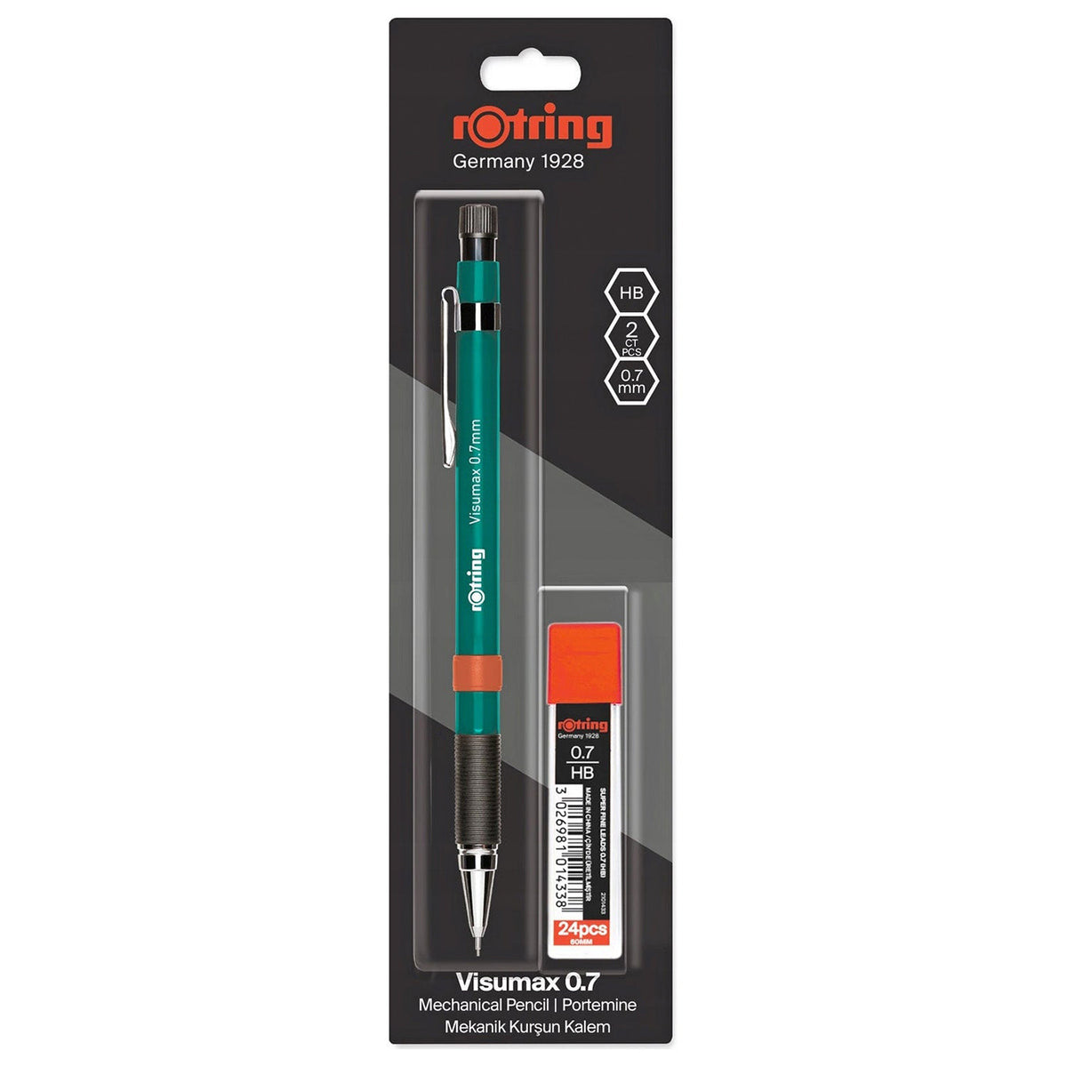 Rotring visumax 0.7mm mechanical pencil packaging with HB leads on a white background