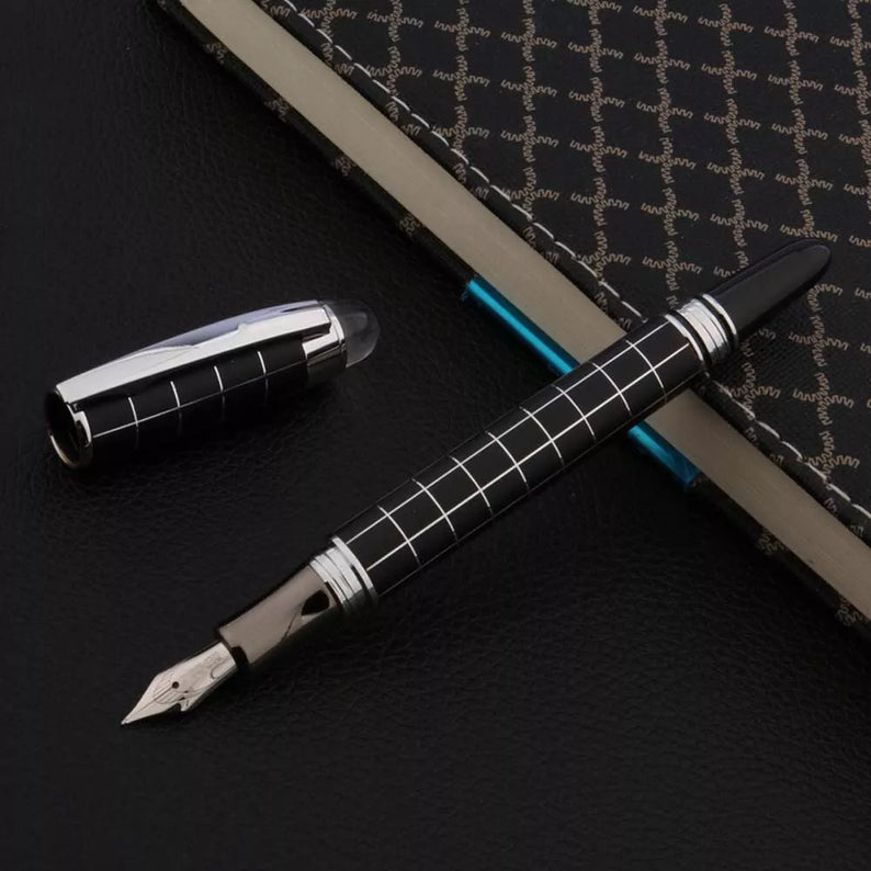 Baoer 79 Starwalker Cross Line Fountain Pen Silver Trim Checked – Medium Nib, Smooth Writing for Office Use