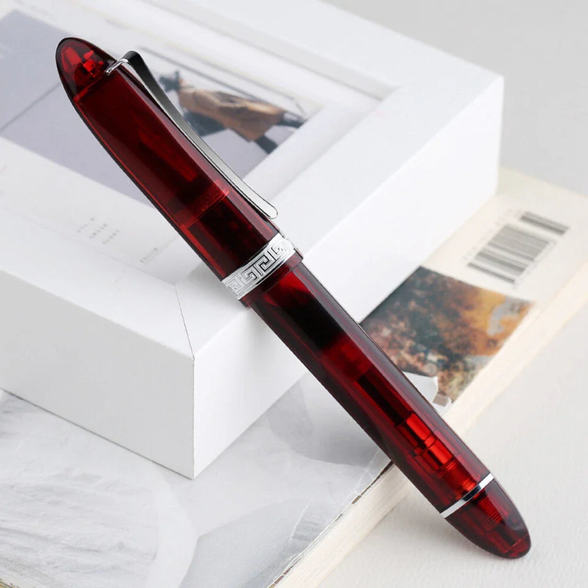 Moonman V60 Red Transparent Piston Fountain Pen, Fine Nib (0.5mm), Triangular Resin Body, Gift Box Included