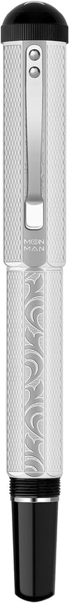 Moonman P138 Piston Fountain Pen Fine Nib with Box, Silver Plated Octahedral Etching Pattern Writing Pen Set (Square Pen Hat Version)