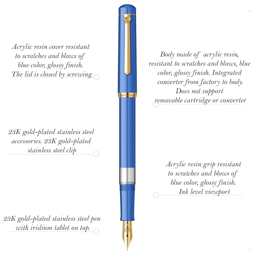 Scrikss | 419 Series | Piston Filler | Fountain Pen | 23K Gold Plated | Medium | Blue Acrylic