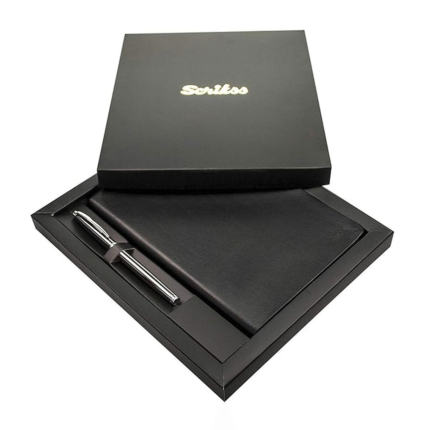 Scrikss | A5 Sundance Premium Notebook | 800 Rollerball Pen | Titanium Chrome | Gift Set | Black