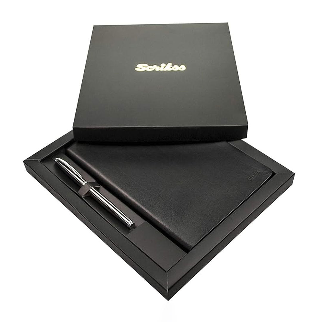 Scrikss | A5 Sundance Premium Notebook | 800 Rollerball Pen | Titanium Chrome | Gift Set | Black