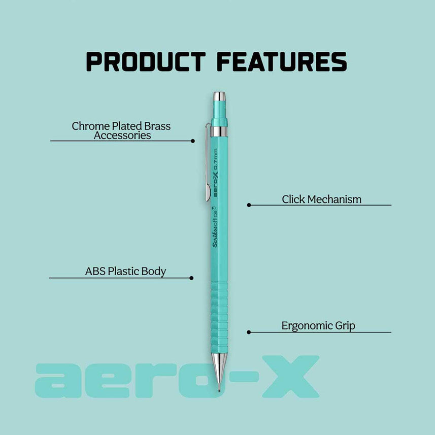 Scrikss Aero-X 0.7mm Turquoise Mechanical Pencil with labeled features on a light blue background, featuring the brand 'aero-X'.