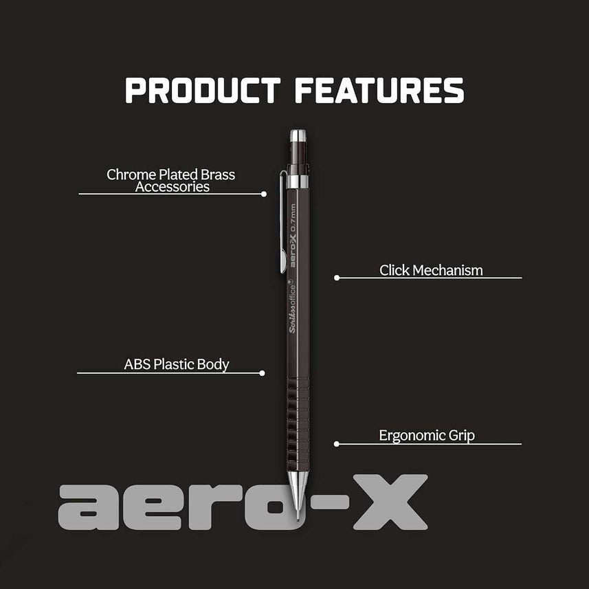 Scrikss Aero-X 0.7mm Mechanical Pencil in Black with labeled features on a black background, featuring the brand 'Scrikss aero-X'.
