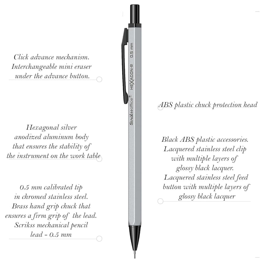 Scrikss | Hexagon-R | Mechanical Pencil | 0.5mm | Silver