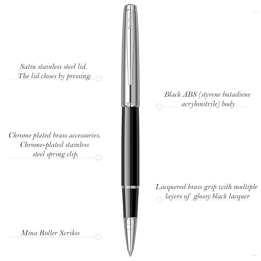 Scrikss | Metropolis | 800 Series | Roller Ball Pen | Brass Body | Chrome Plated Black
