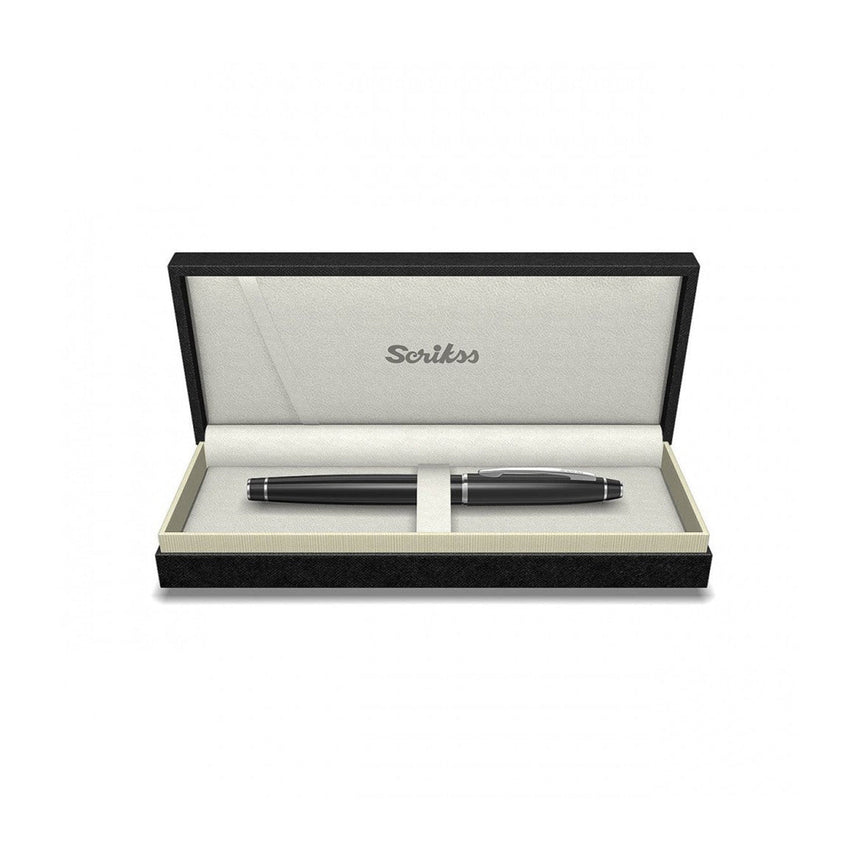 Scrikss noble 35 Black CT rollerball pen in an open black and silver box on a white background