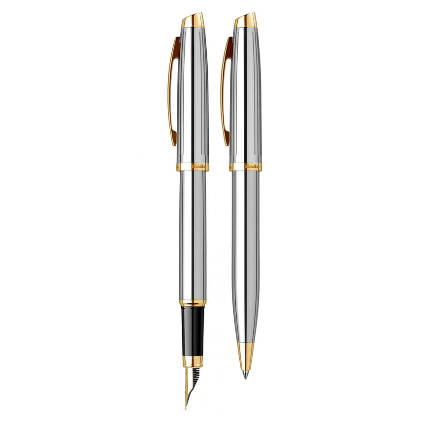Scrikss | Oscar 39 |Medium Nib Fountain Pen & Ball Point Pen Set | Gold Chrome