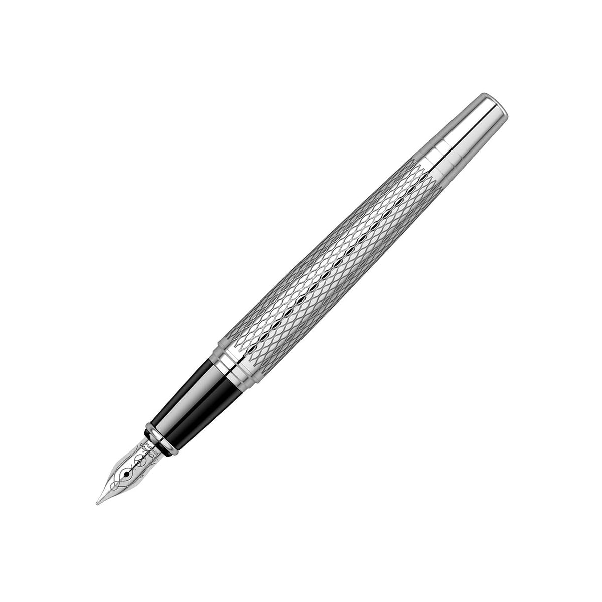Scrikss Pera 477 Medium Nib Fountain Pen in Black Chrome on a white background