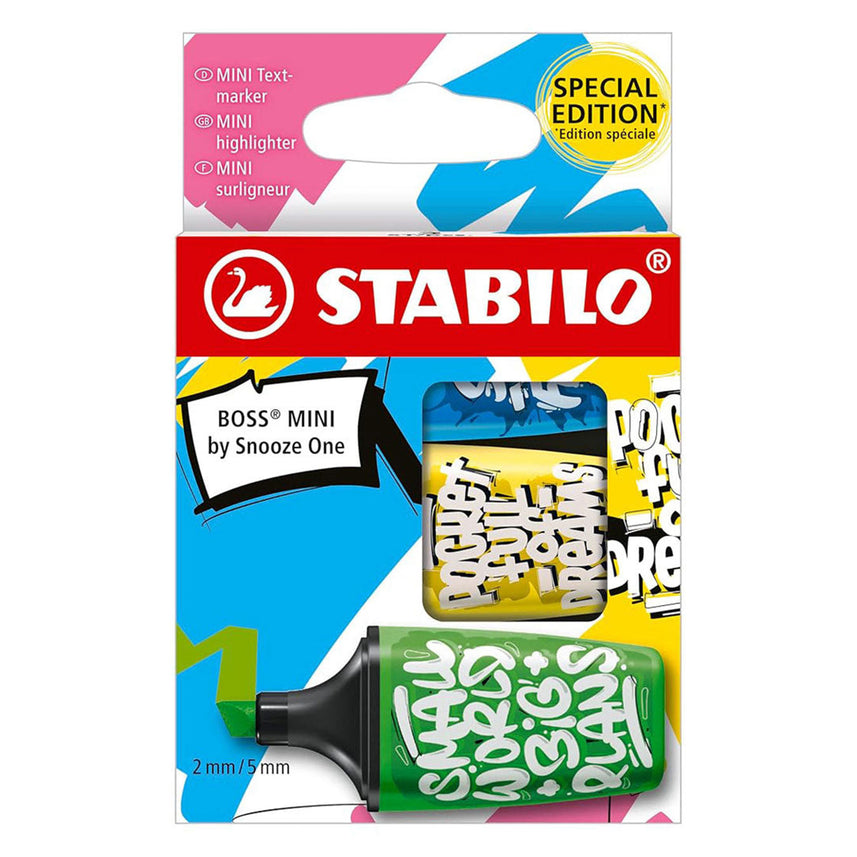 Stabilo | Boss | Mini Snooze One | Highlighter Pen | Pack of 3 | Blue, Yellow, Green