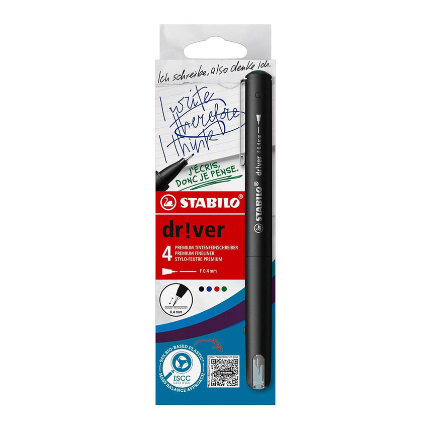 Stabilo | dr!ver Series | Premium Fineliner & Felt Tip | Pack of 4 | 0.4 MM | Black, Blue, Green, Red