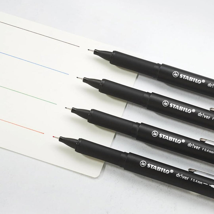 Stabilo | dr!ver Series | Premium Fineliner & Felt Tip | Pack of 4 | 0.4 MM | Black, Blue, Green, Red