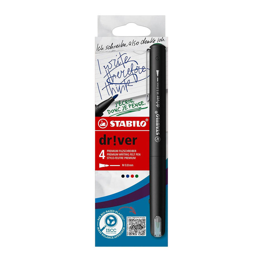 Stabilo | dr!ver Series | Premium Fineliner & Felt Tip | Pack of 4 | 0.8 MM | Black, Blue, Green, Red