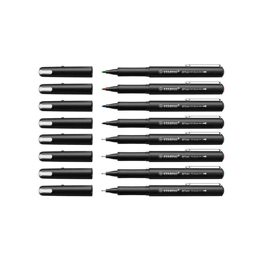 STABILO Driver Series Fineliner Pen Set – 32 Pens (Black, Blue, Red, Green)