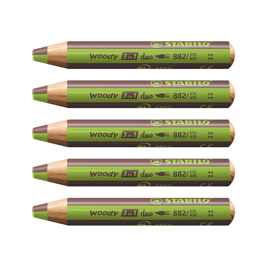 Stabilo | Multi-Talented Pencil | Woody 3 In 1 Duo | Light Green/Brown | Pack of 5