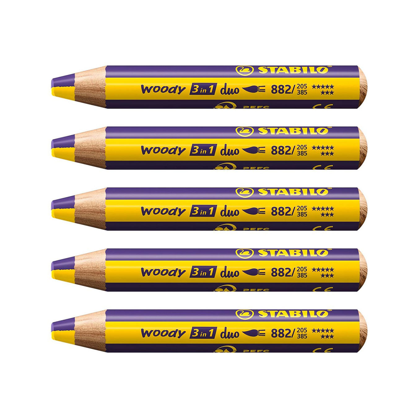 Stabilo | Multi-Talented Pencil | Woody 3 In 1 Duo | Yellow/Violet | Pack of 5