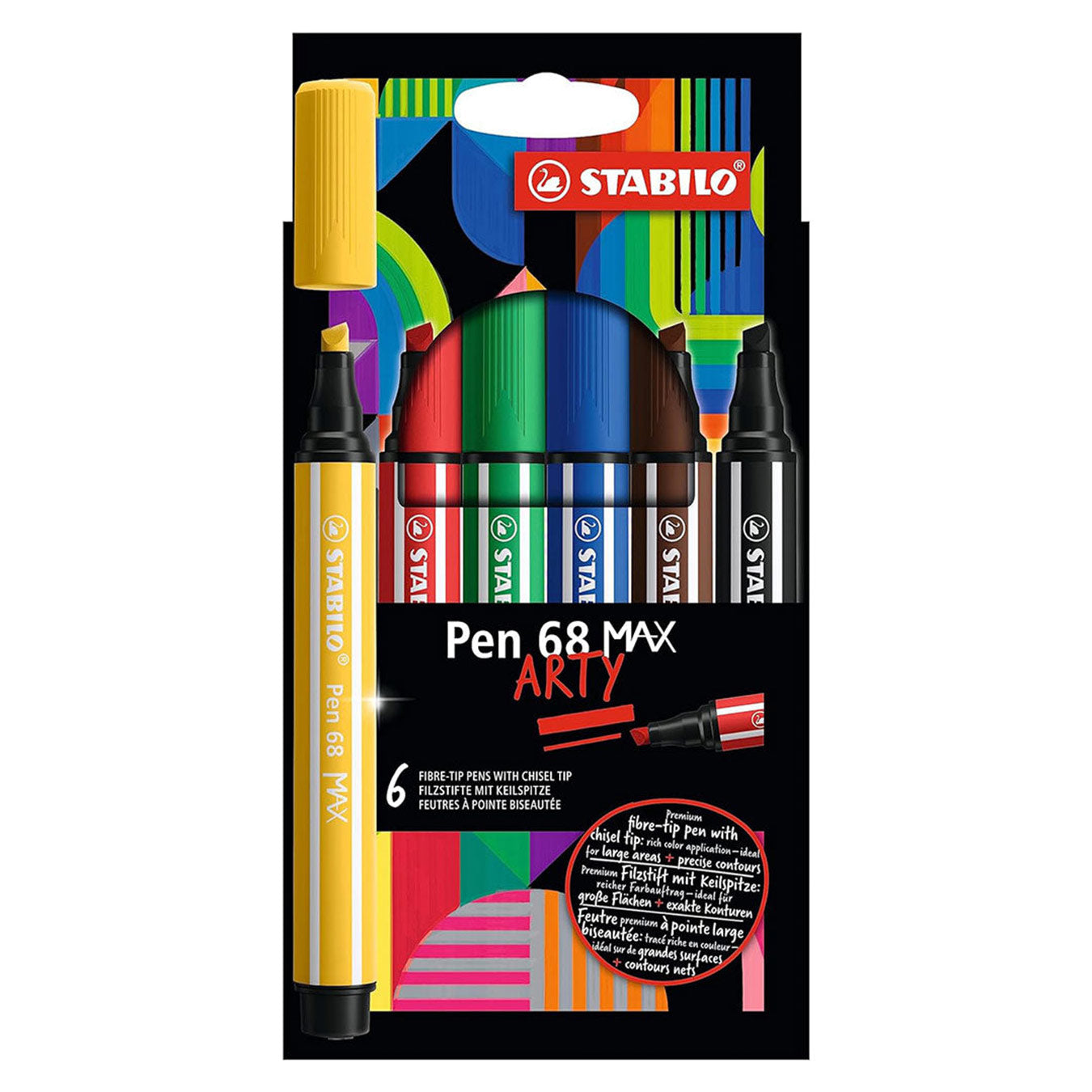 Stabilo | Pen 68 Max Arty | Premium Fibre-tip Pen | With Chisel Tip | Pack Of 6 | Assorted Colours