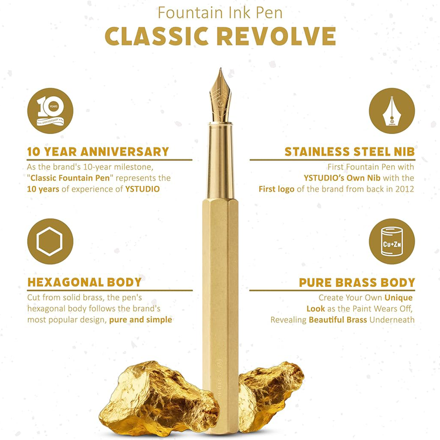 Ystudio Classic Revolve - Fountain Pen Brass Hexogon | Medium Nib